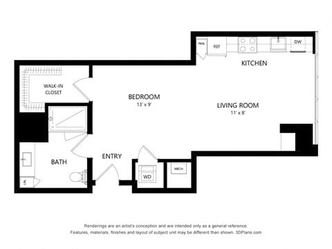 Floor plan for studio, 1 bath, 636 sqft